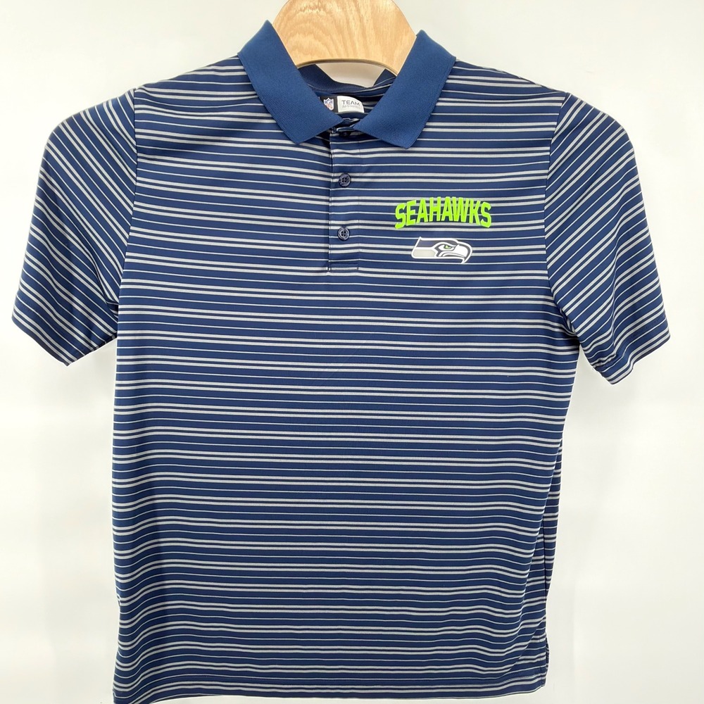 NFL Team Apparel Seattle Seahawks Polo Mens Large Blue Grey Green Striped
